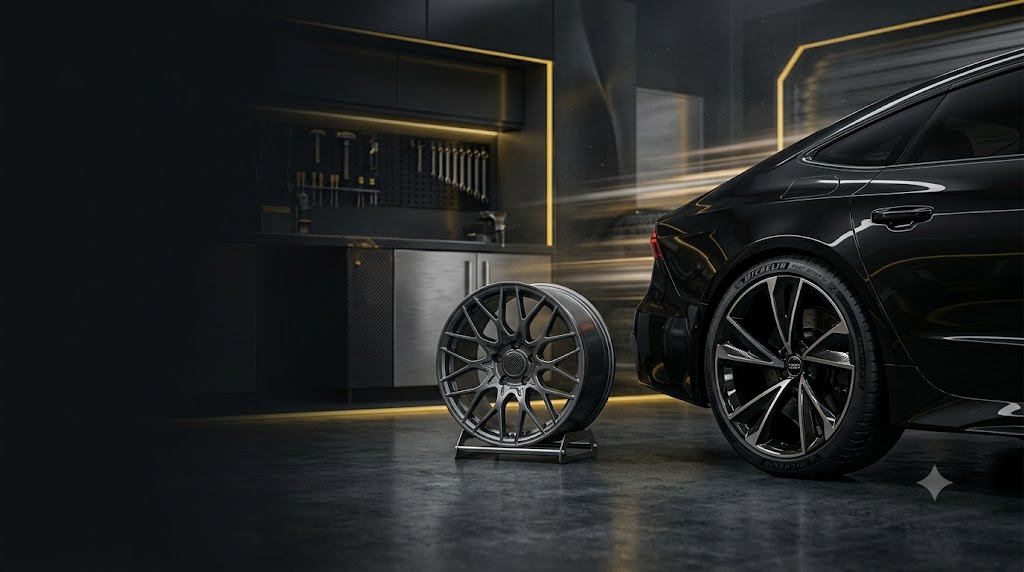 Black sports car with premium alloy wheels
