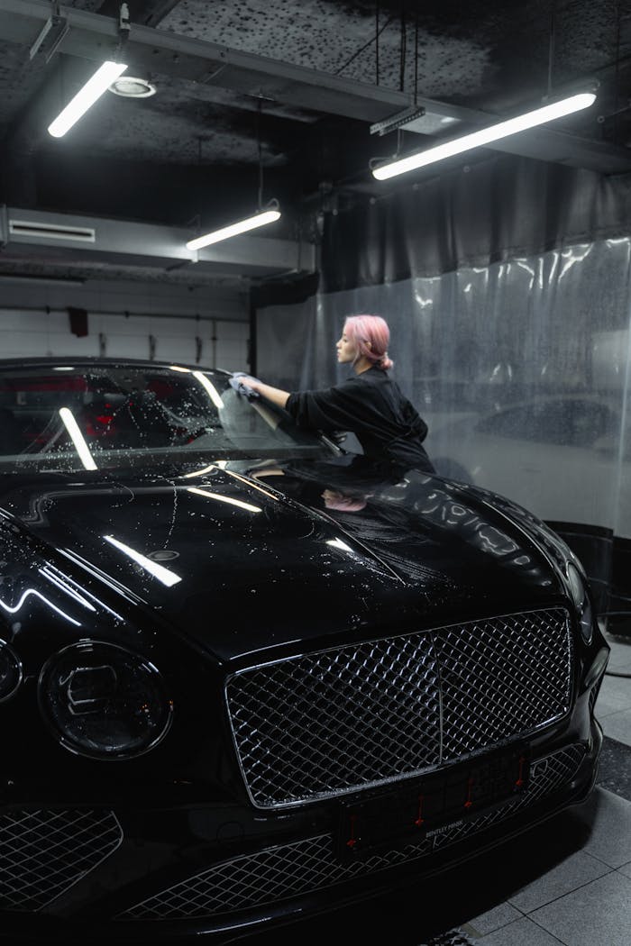 A woman cleans a sleek Bentley in an indoor car wash setting, adding shine.